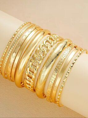 Gold Bangle Bracelets for Women, 10pc Stackable Set, 18K Gold Plated Boho